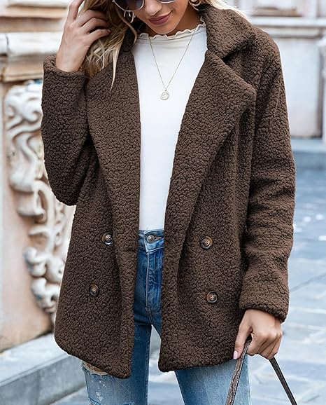 Winter Warm Plush Cardigan Fuzzy Fleece Lapel Jacket with Buttons Pockets Long Sleeve Casual Outerwear(Coffee) - Image 3