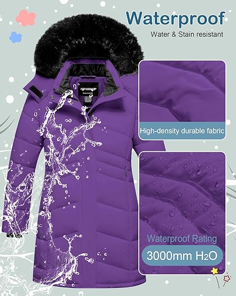 Winter Coats Kids Waterproof Long Puffer Jacket Thicken Fleece Lined Ski Parka with Detachable Fur Hooded (Purple) - Image 3