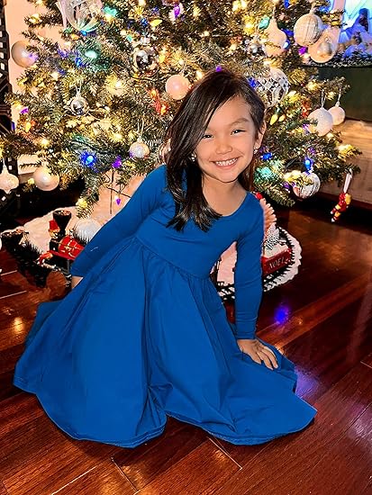 Long Sleeve Girls Dress Toddler White Dresses Skater Twirl Cotton A-Line Dress for School Casual(Blue) - Image 3