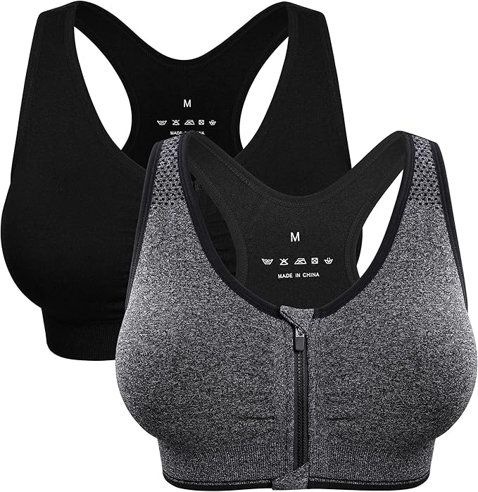 Women's Zip Front Sports Bra Wireless Post-Surgery Bra Active Yoga Sports Bras(Black+grey-2 Pack)