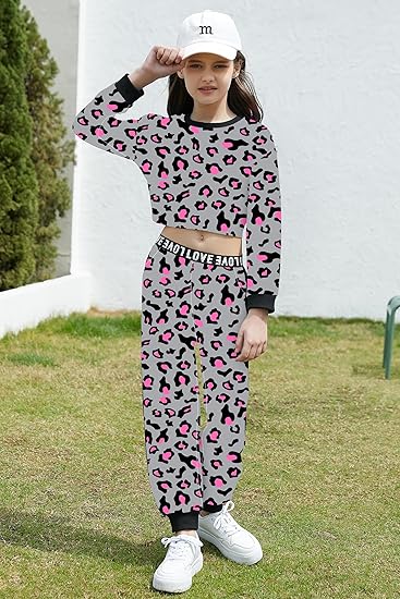 Girls 2 Piece Outfits Girls Cropped Sweatsuit Pants Outfit Clothes Set(Grey) - Image 3