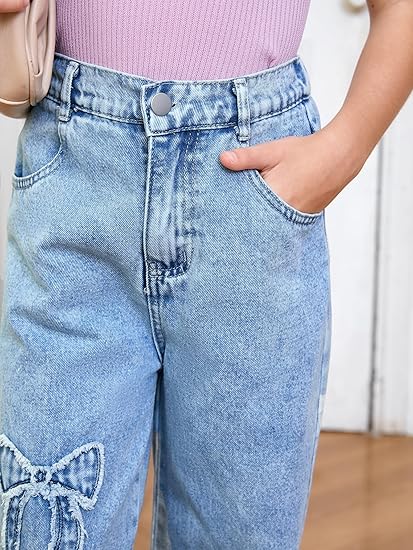 Girl's Bowknot Print Washed Jean Elastic Waist Denim Pants Straight Leg Trousers with Pockets - Image 3