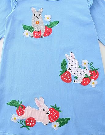 Toddler Girls Dress Cotton Embroidery Applique Short Sleeve Dresses(Bunny and Strawberry) - Image 5