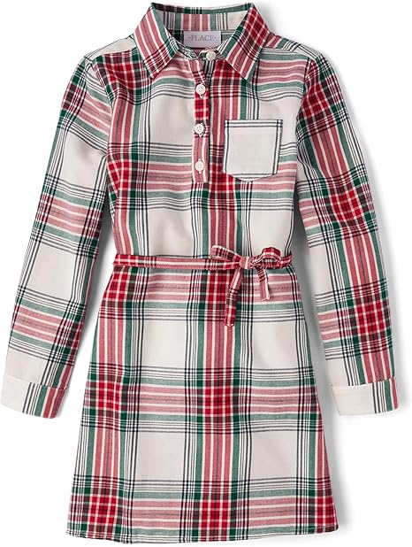 Children's Place Big Girls' Long Sleeve Casual Dress (Holiday plaid)
