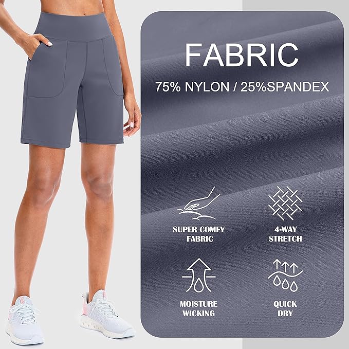 SANTINY Bermuda Shorts for Women with Zipper Pocket Womens High Waisted Long Shorts for Running Workout Athletic(Dusty Blue) - Image 3