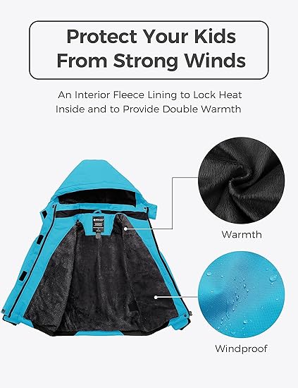 Girls' Waterproof Winter Coat Fleece Ski Jacket Hooded Snow Coat Warm Raincoat Outerwear (Blue) - Image 3