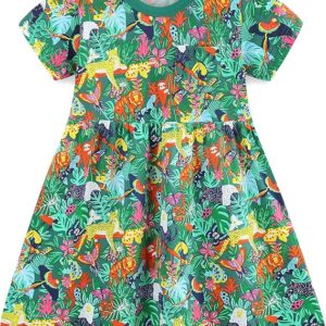 Little Girls Cotton Dresses Flutter Short Sleeve Summer Dress(Animal fun)