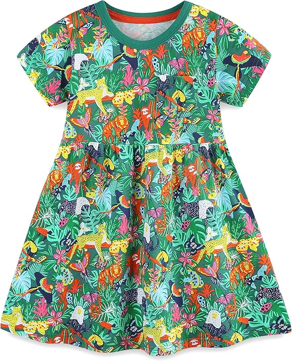 Little Girls Cotton Dresses Flutter Short Sleeve Summer Dress(Animal fun)