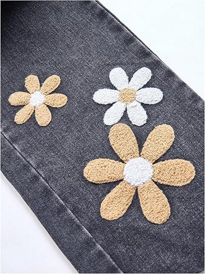 Girl's Floral Baggy Jeans Cute Wide Leg Denim Pants Elastic Waist Denim Jeans with Pockets (Grey) - Image 3