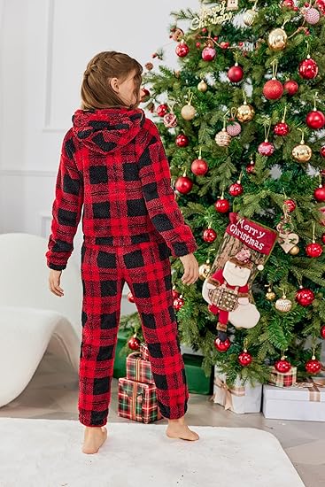 Girls 2 Piece Outfits Sweatsuit Fuzzy Long Sleeve Bear Ear Hoodie Sweatshirt and Sweatpant Kids Clothing Sets(red plaid) - Image 5