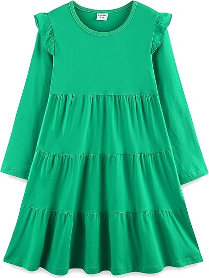 Girl's Dresses Cotton Ruffle Sleeve (Green) - Image 2