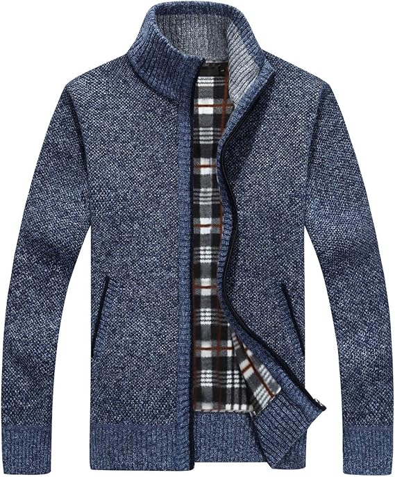 Yeokou Men's Casual Slim Full Zip Thick Knitted Cardigan Blue Sweaters with Pockets