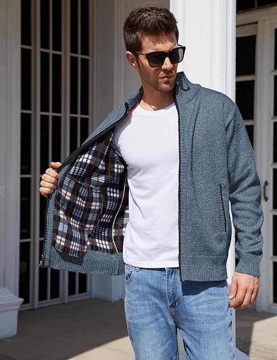 Yeokou Men's Casual Slim Full Zip Thick Knitted Cardigan Blue Sweaters with Pockets - Image 4