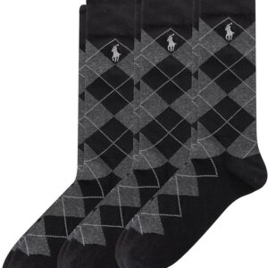 POLO RALPH LAUREN mens Black Assorted Argyle Pattern Dress Crew Socks 3 Pairs