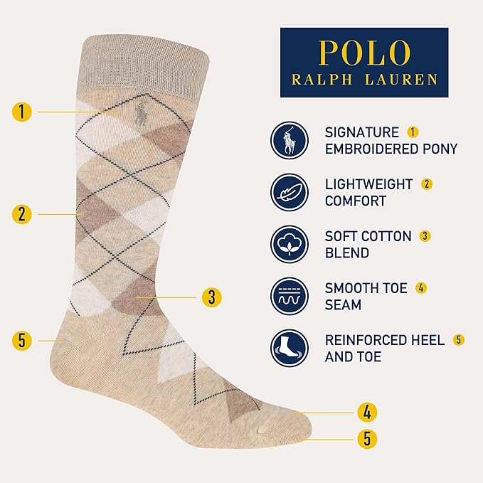 POLO RALPH LAUREN mens Black Assorted Argyle Pattern Dress Crew Socks 3 Pairs - Image 2