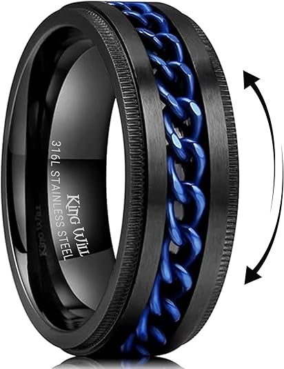 King Will 316L Stainless Steel Fidget A-Black-Blue Ring for Men
