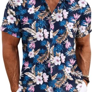 COOFANDY Linen Blue Floral Shirt