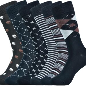 Mens Dress Socks Business Casual Pattern Black Geometric 6-Pairs