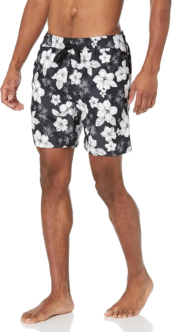 Amazon Essentials Mens 7" Black Hibiscus Flower Swim Trunks
