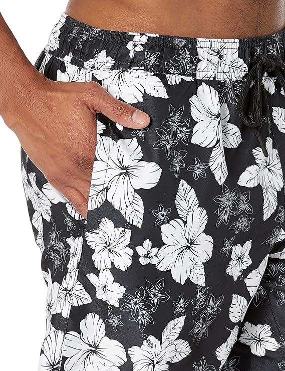 Amazon Essentials Mens 7" Black Hibiscus Flower Swim Trunks - Image 2