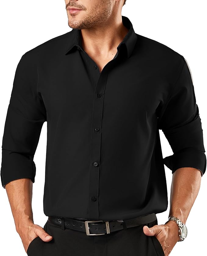 Men's Button Down Long Sleeve Tuxedo Jet Black Shirt