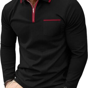 Askdeer Men's Polo Shirts Zip Long Sleeve Black Classic T-Shirt
