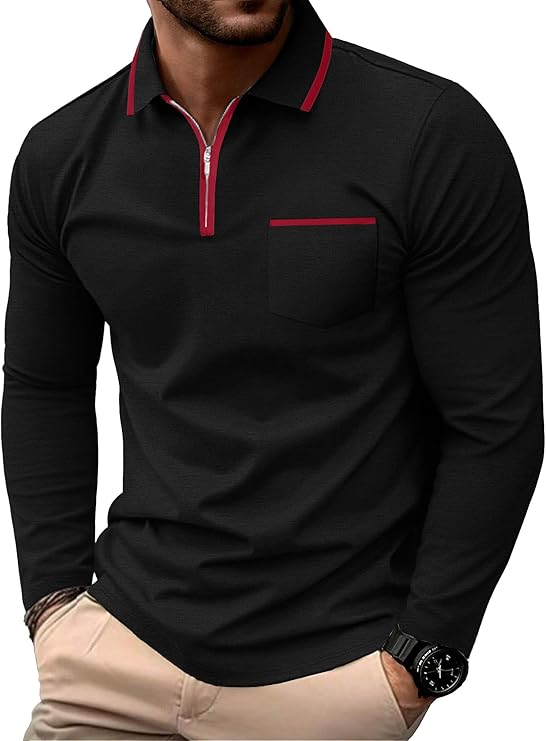 Askdeer Men's Polo Shirts Zip Long Sleeve Black Classic T-Shirt