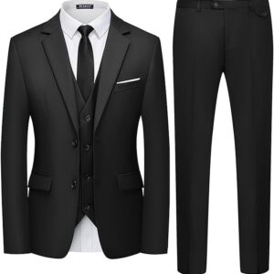 WULFUL Men's 3 Piece Slim Fit Suit Set Two Button Black Blazer