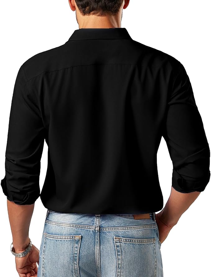 Men's Button Down Long Sleeve Tuxedo Jet Black Shirt - Image 2