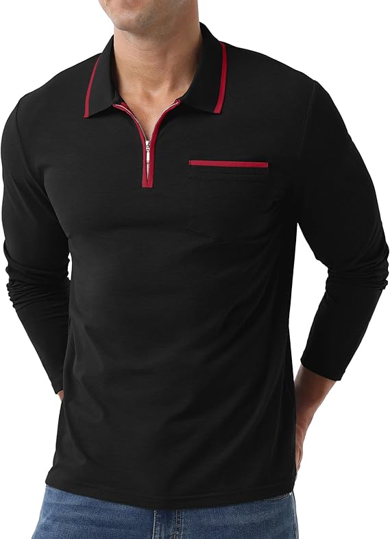 Askdeer Men's Polo Shirts Zip Long Sleeve Black Classic T-Shirt - Image 4