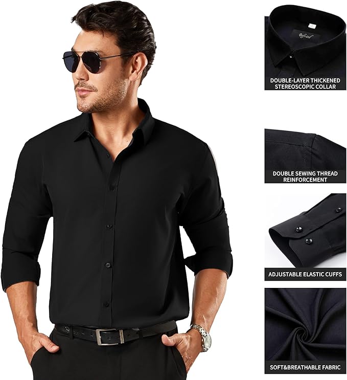 Men's Button Down Long Sleeve Tuxedo Jet Black Shirt - Image 3