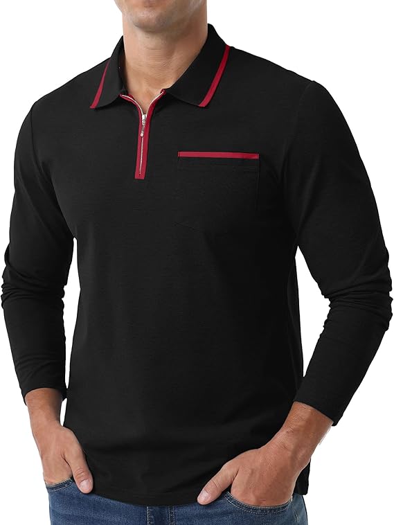 Askdeer Men's Polo Shirts Zip Long Sleeve Black Classic T-Shirt - Image 3