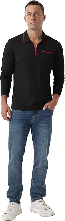 Askdeer Men's Polo Shirts Zip Long Sleeve Black Classic T-Shirt - Image 2