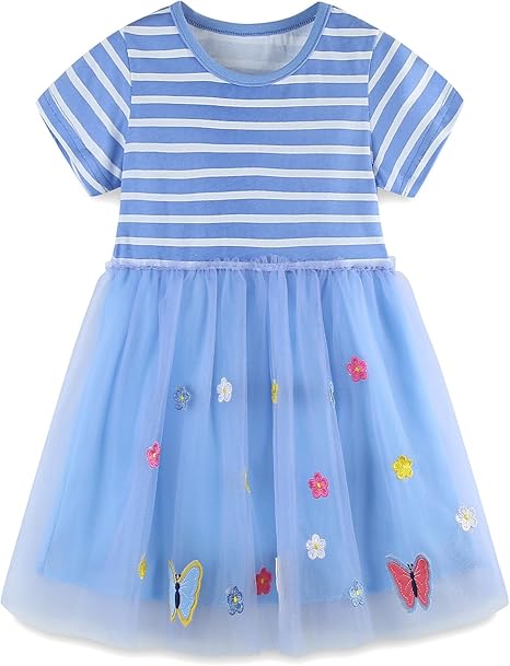 Bumeex Toddler Girls Summer Short Sleeve Dresses(Blue Stripe)