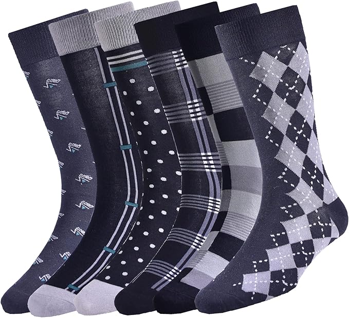 Mens Dress Socks Business Casual Pattern Black Pack B 6-Pairs