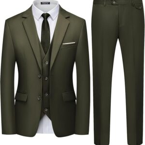 WULFUL Men's 3 Piece Slim Fit Suit Set Two Button Brown Blazer