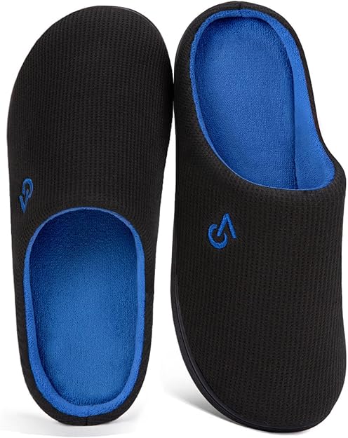 VeraCosy Men's Two-Tone Memory Foam Black/Sapphire Blue House Slippers