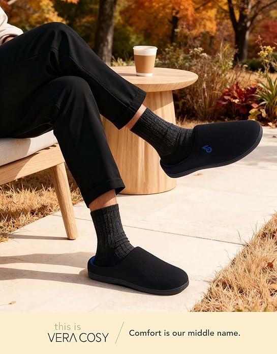 VeraCosy Men's Two-Tone Memory Foam Black/Sapphire Blue House Slippers - Image 2