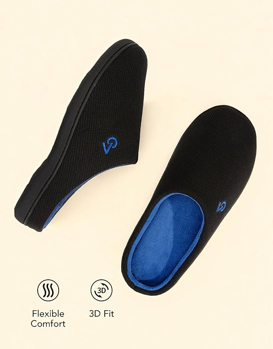 VeraCosy Men's Two-Tone Memory Foam Black/Sapphire Blue House Slippers - Image 4