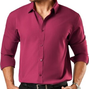 Men's Button Down Long Sleeve Tuxedo Burgundy Shirt