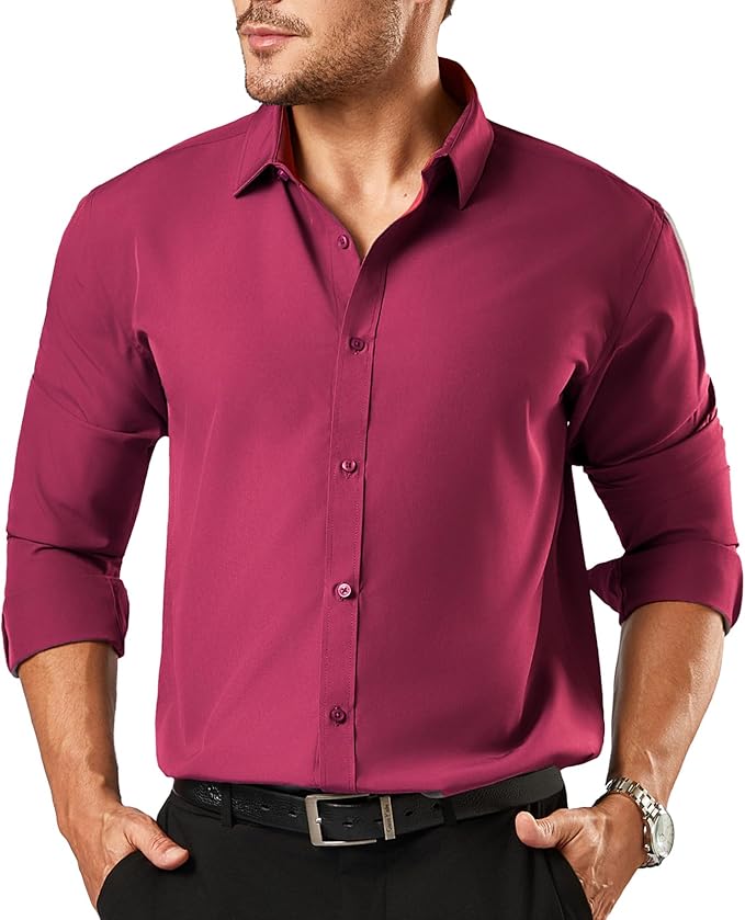 Men's Button Down Long Sleeve Tuxedo Burgundy Shirt
