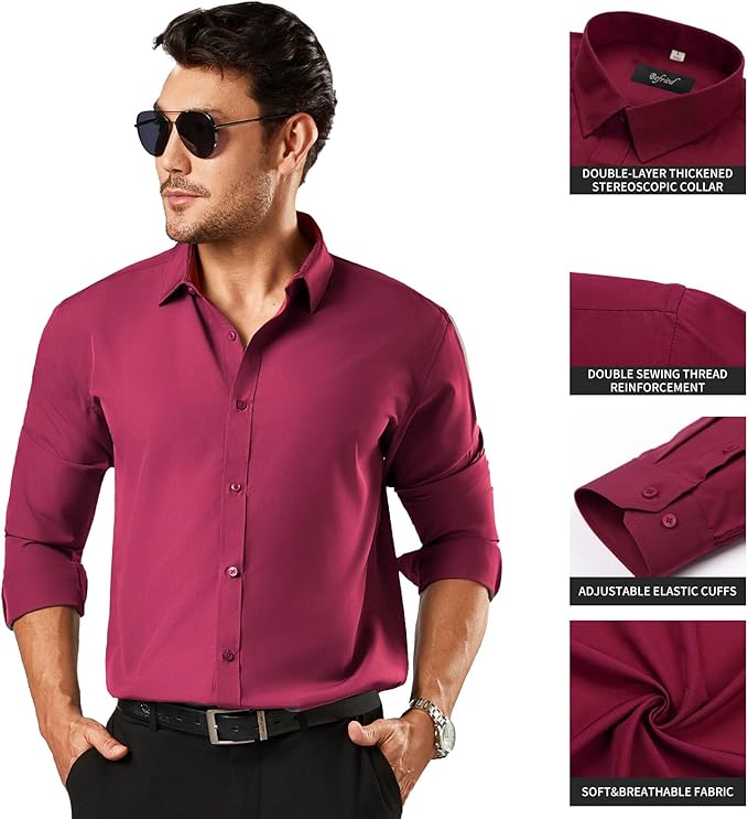 Men's Button Down Long Sleeve Tuxedo Burgundy Shirt - Image 3