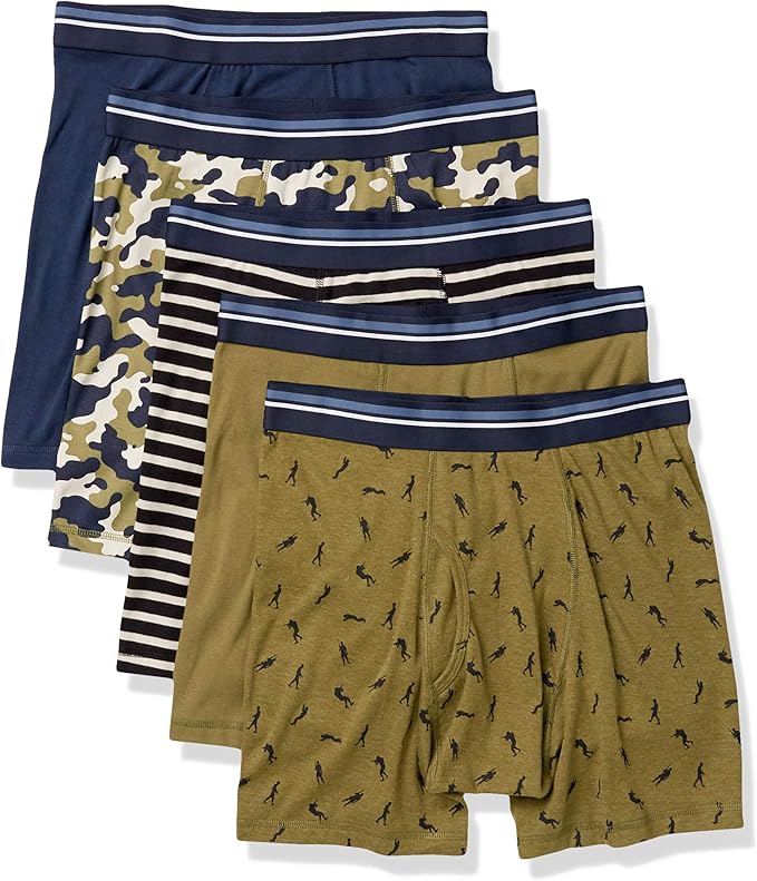 Amazon Essentials Men's Black White Stripe/Camo/Dark Blue/Military Underwear Boxer