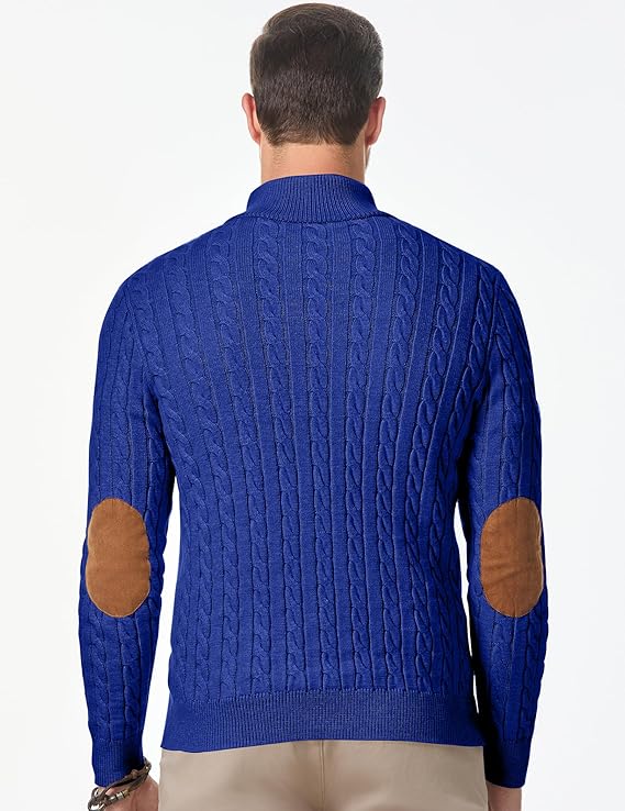 JMIERR Cable Knit Pullover Sweater Stand Collar Knitted Dark Blue Sweaters - Image 2