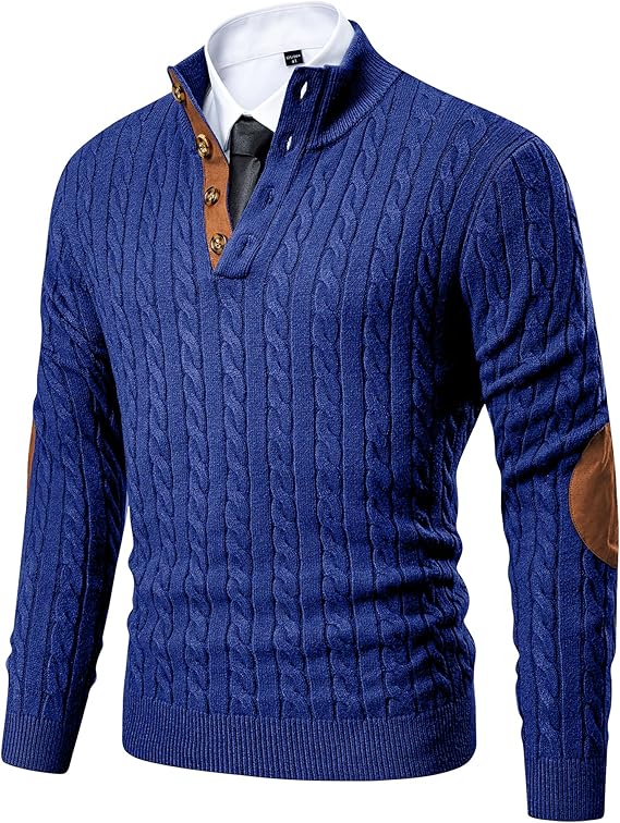 JMIERR Cable Knit Pullover Sweater Stand Collar Knitted Dark Blue Sweaters