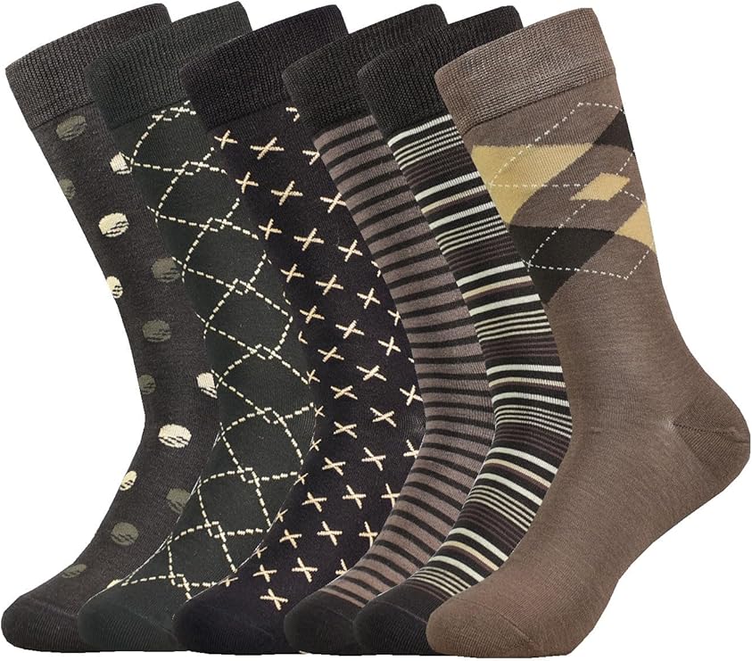 Mens Dress Socks Business Casual Pattern Earthy Stripe 6-Pairs