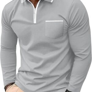 Askdeer Men's Polo Shirts Zip Long Sleeve Gray T-Shirt