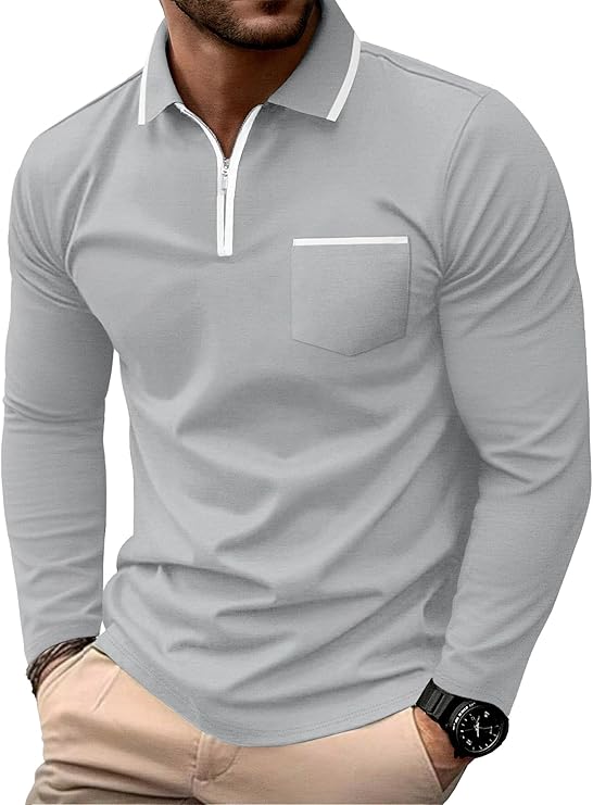 Askdeer Men's Polo Shirts Zip Long Sleeve Gray T-Shirt