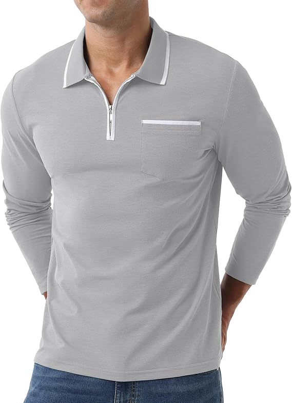 Askdeer Men's Polo Shirts Zip Long Sleeve Gray T-Shirt - Image 4