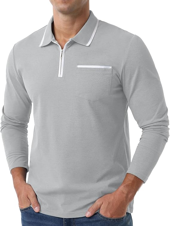 Askdeer Men's Polo Shirts Zip Long Sleeve Gray T-Shirt - Image 3